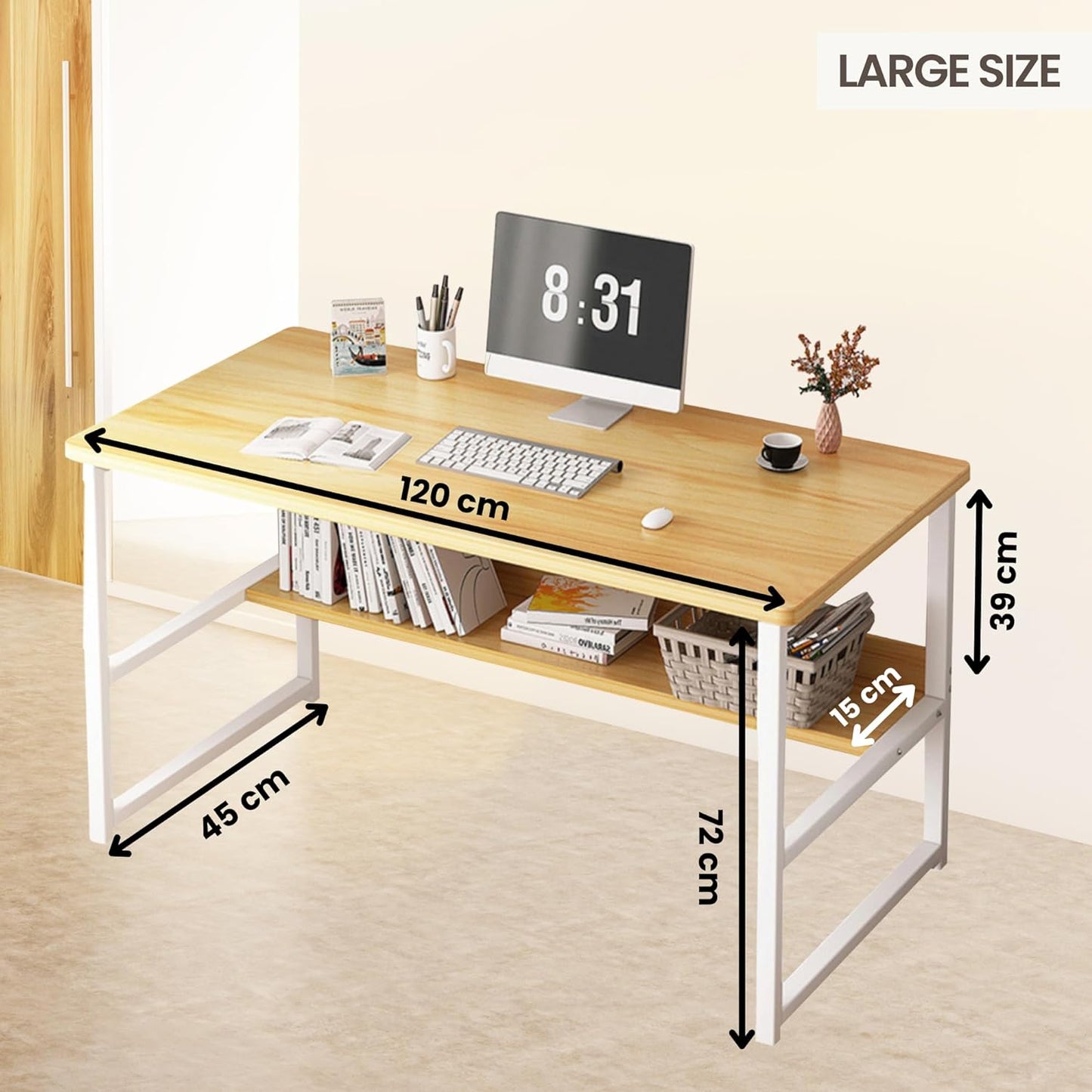 Office Table for Computer, Desk for Room or Study. Table of Board of Agglomerate and Melamine of Wood and Steel for Home. Desk table for PC. 100x45x72cm