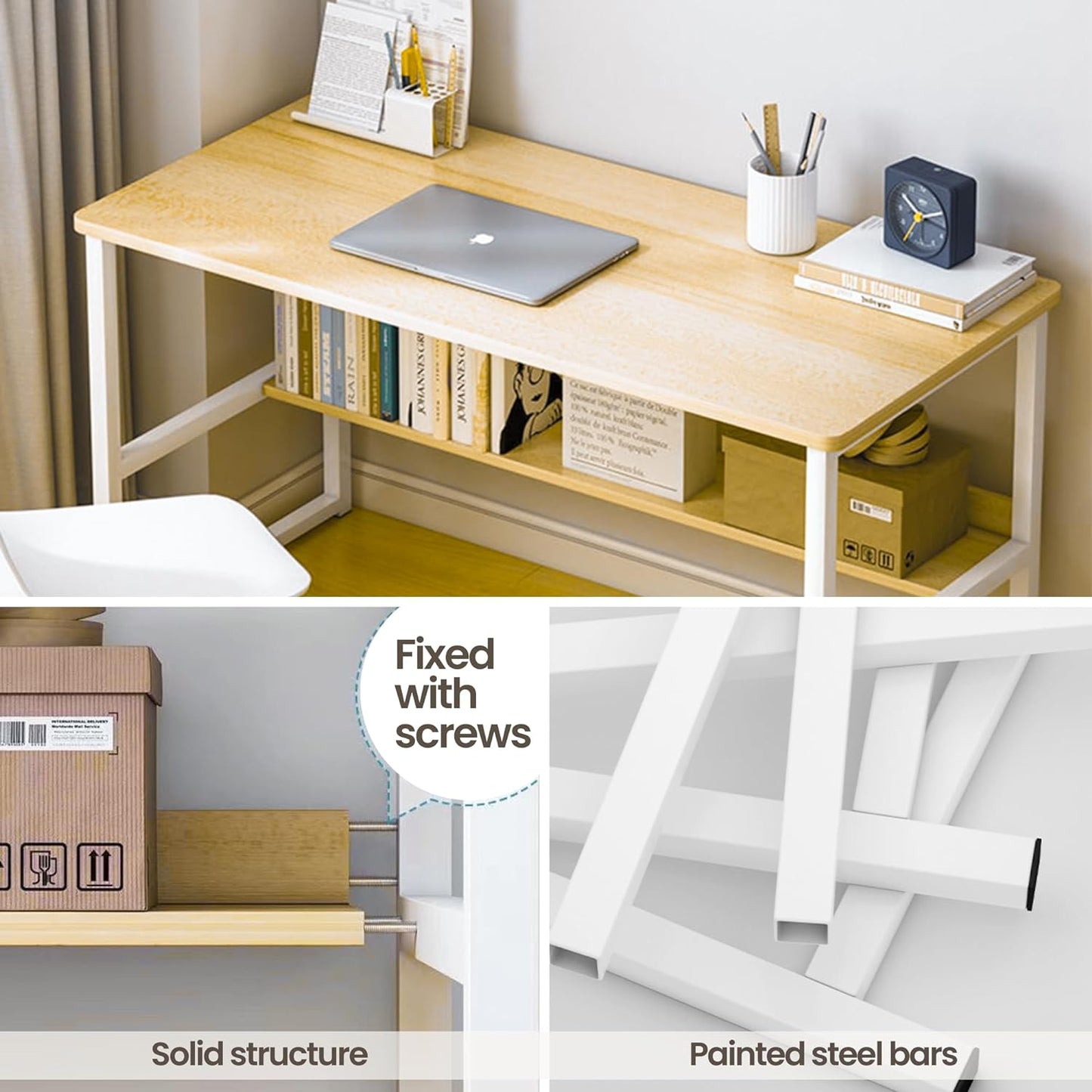 Office Table for Computer, Desk for Room or Study. Table of Board of Agglomerate and Melamine of Wood and Steel for Home. Desk table for PC. 100x45x72cm